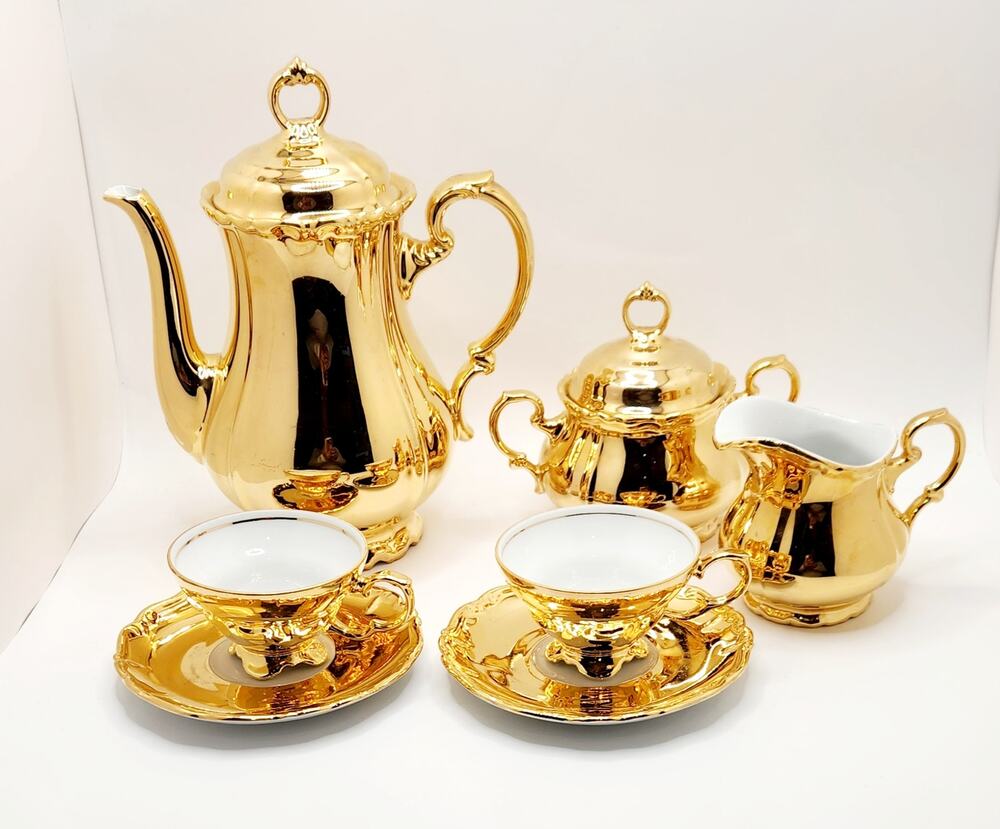 Vintage Reichenbach Bavaria Germany Gold Porcelain Tea Set 7 Pc Teapot Cups